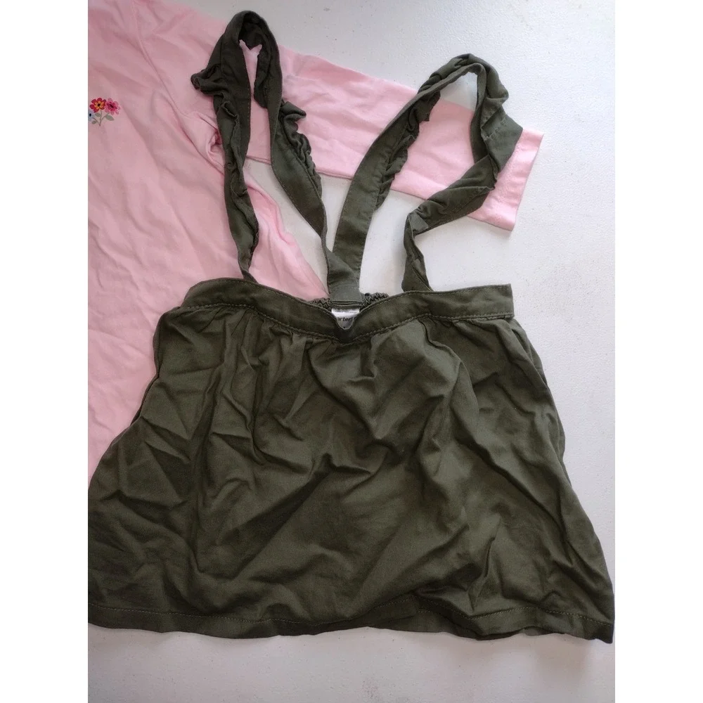 Little Me Carters Toddler Girls 4T Pink Floral Shirt Olive Green Suspender Skirt